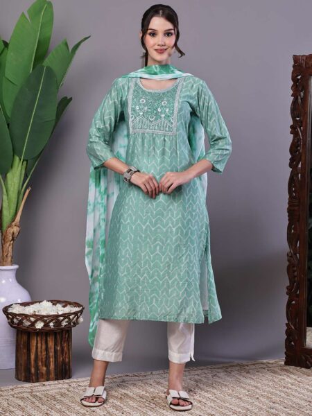 Women's Mint Green Chanderi Embroidered Kurta Set with Dupatta Suit Sets